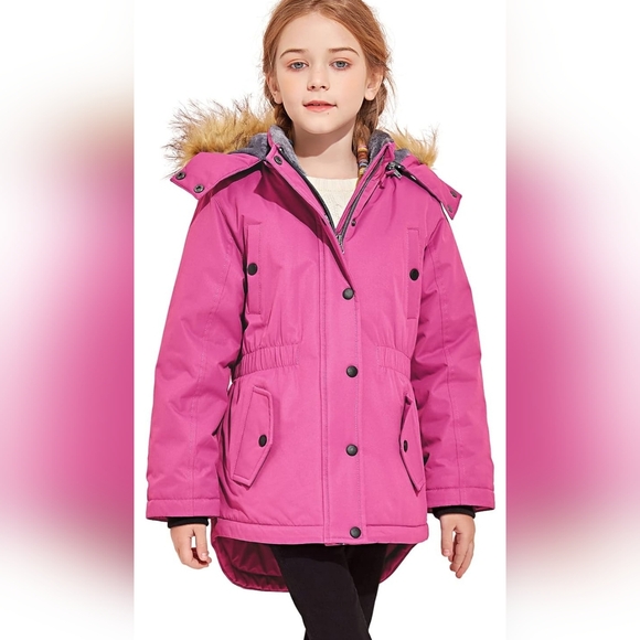 YXP Girls Winter Coat Pink Elastic Waist Warm Fleece Lined Work Removable Hood - Picture 6 of 12